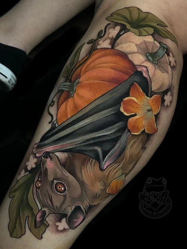 color illustrative tatuaje en thigh #40302 | Tatuador Evin Pfaff