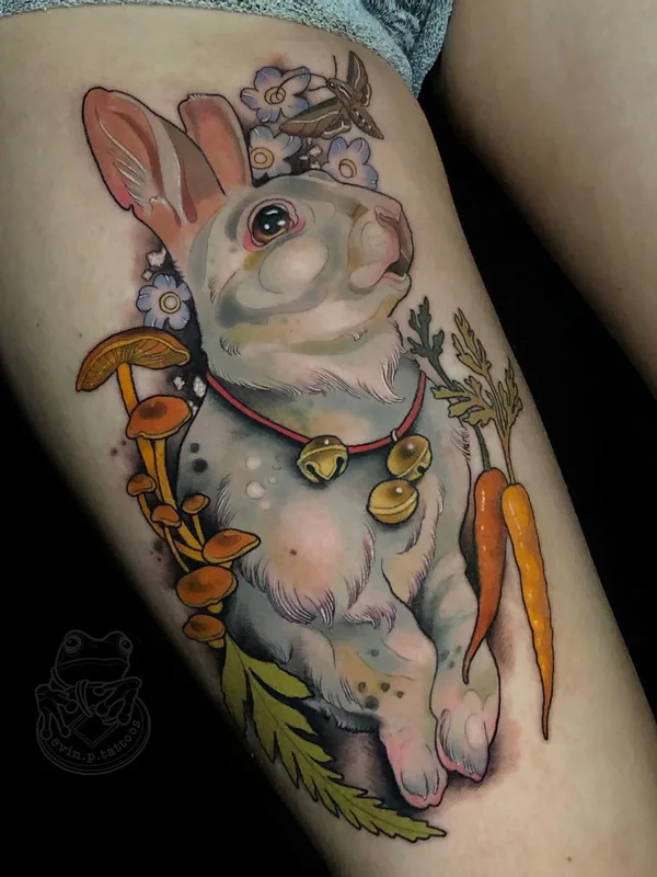 color illustrative tatuaje en thigh #40303 | Tatuador Evin Pfaff