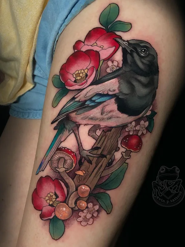 color illustrative tatuaje en thigh #40307 | Tatuador Evin Pfaff