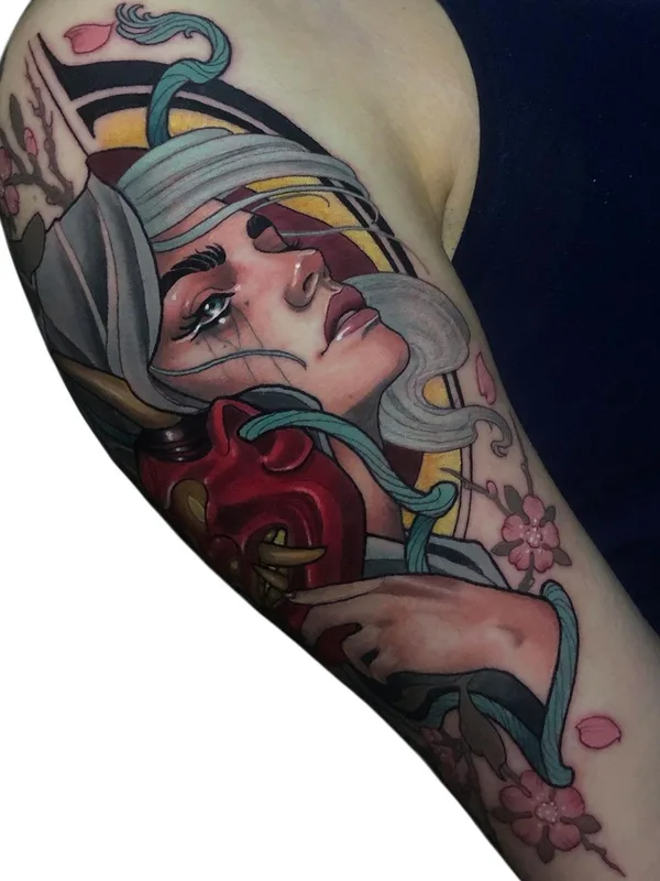female color illustrative tatuaje en full sleeve #40311 | Tatuador Levi Murphy