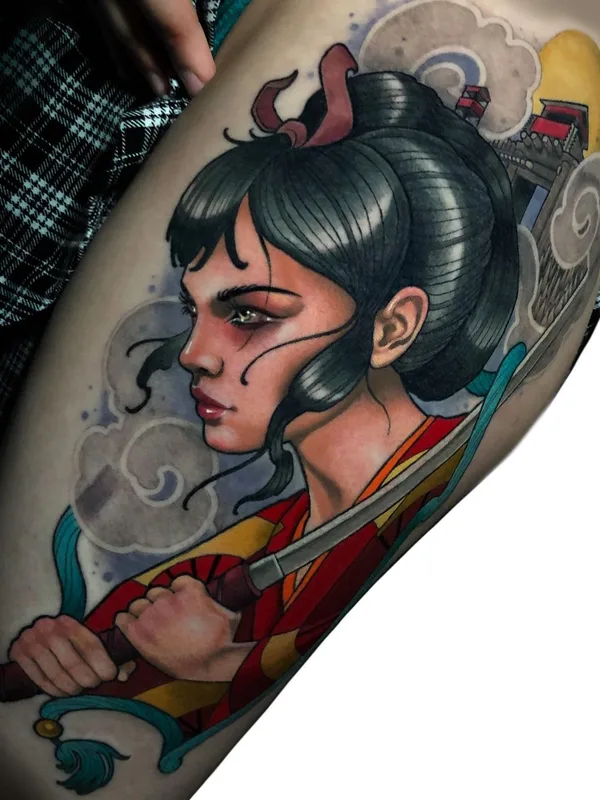 female color illustrative tatuaje en thigh #40315 | Tatuador Levi Murphy