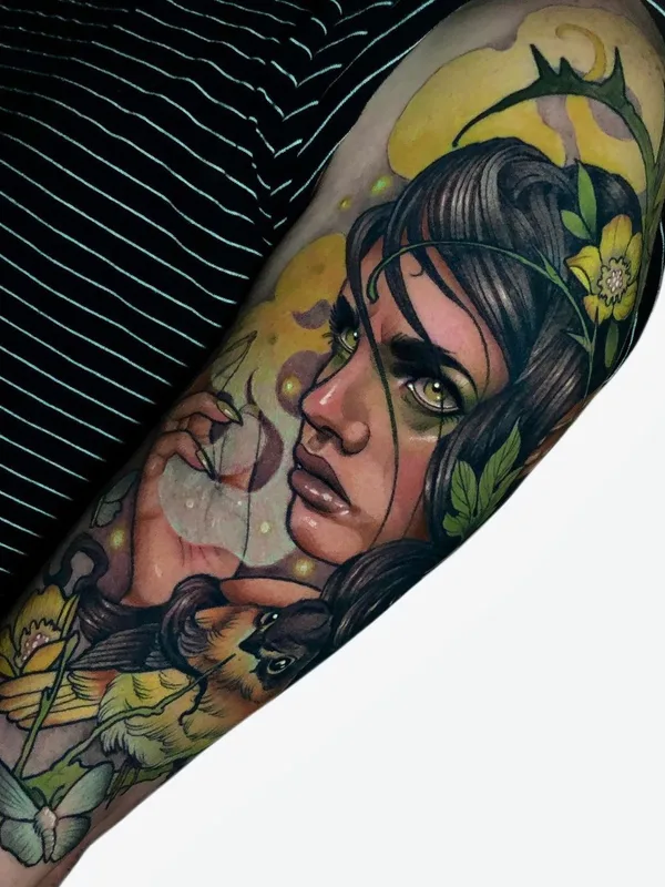 female color illustrative tatuaje en forearm #40313 | Tatuador Levi Murphy