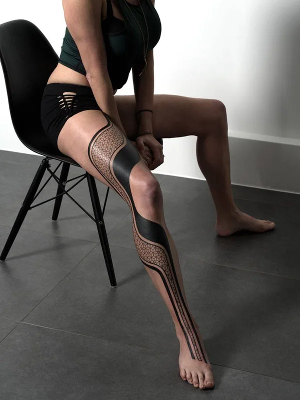 female black blackwork tattoo on full leg #31797 | Tattoo Artist ROXX