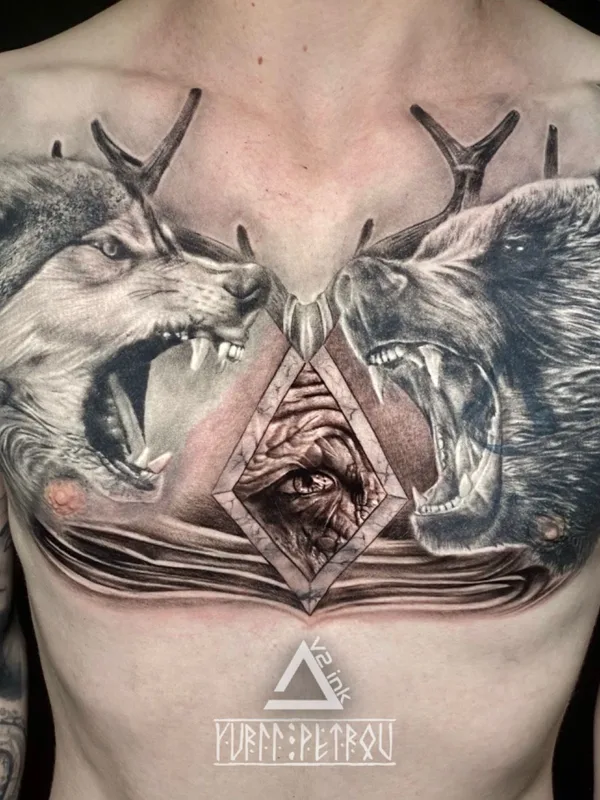 male black and grey realism tattoo on chest #42505 | Tattoo Artist Yurii Petrov Tattoo