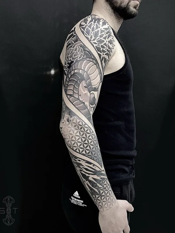 male black and grey blackwork tattoo on full sleeve #45985 | Tattoo Artist Никита Шероухов