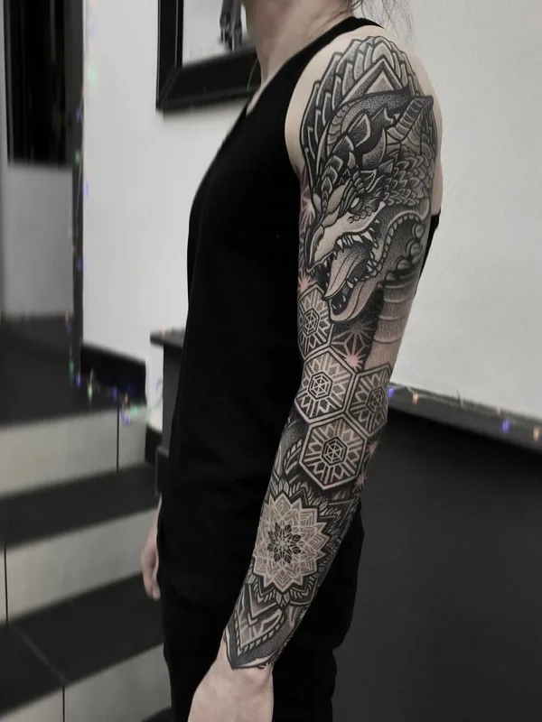black and grey geometric tattoo on full sleeve #45995 | Tattoo Artist Никита Шероухов