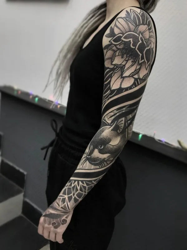 female black and grey blackwork tattoo on full sleeve #45994 | Tattoo Artist Никита Шероухов