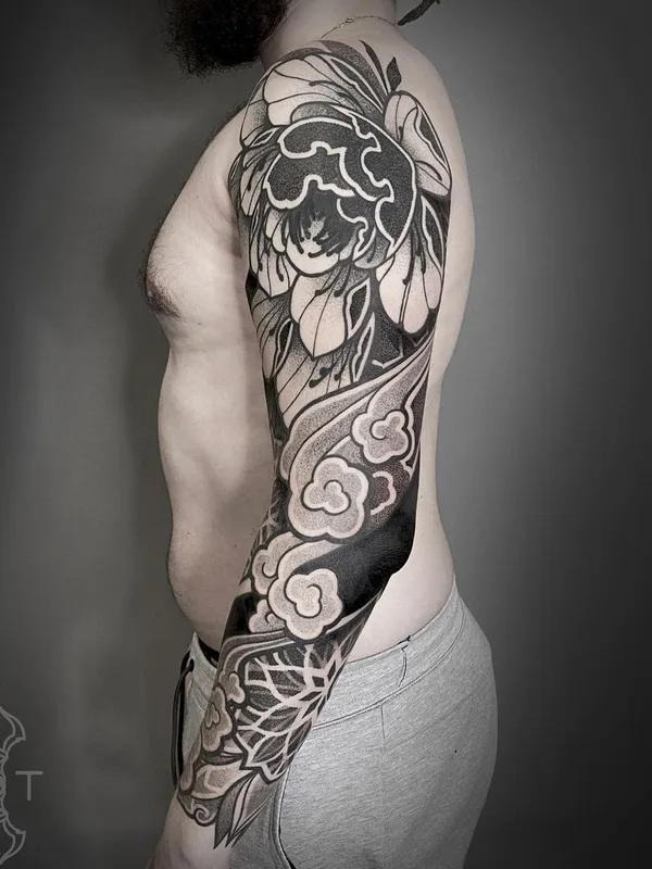 male black and grey japanese tattoo on full sleeve #45991 | Tattoo Artist Никита Шероухов