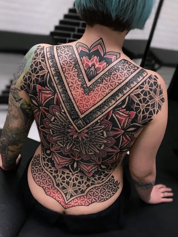 female color geometric tattoo on full back #45992 | Tattoo Artist Никита Шероухов