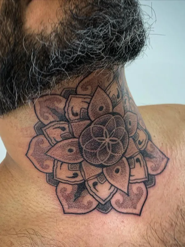 male black and grey mandala 타투 부위 neck #46001 | 타투이스트 Aston Reynolds