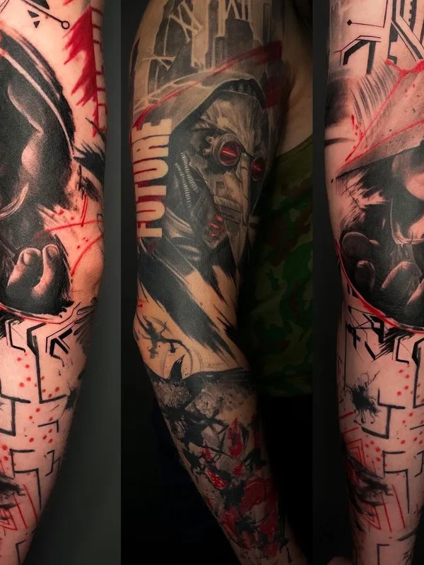 color black and grey tattoo auf full sleeve #46017 | Tätowierer Микаэл