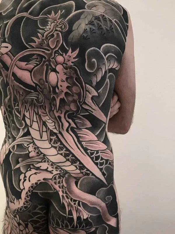 male black and grey japanese tattoo on full back #15447 | Tattoo Artist Lupo HoriOkami
