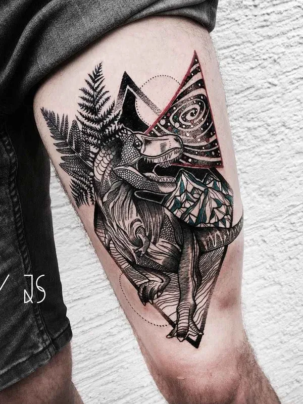black and grey geometric tatouage sur thigh #16343 | Artiste tatoueur Jessica Svartvit