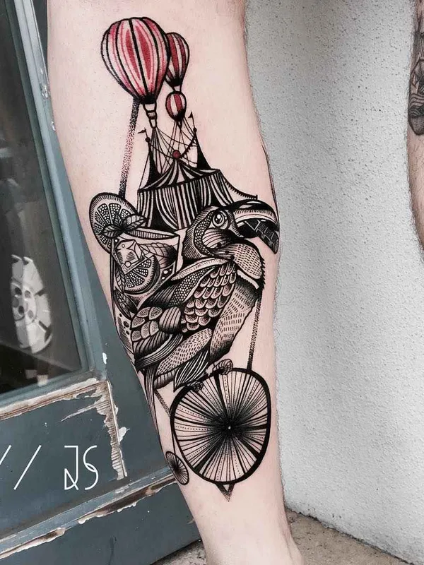 black and grey illustrative tatouage sur calf #16341 | Artiste tatoueur Jessica Svartvit
