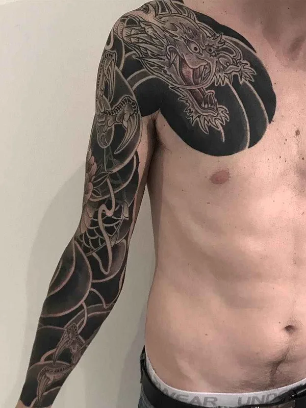 male black and grey japanese tattoo on full sleeve #15448 | Tattoo Artist Lupo HoriOkami