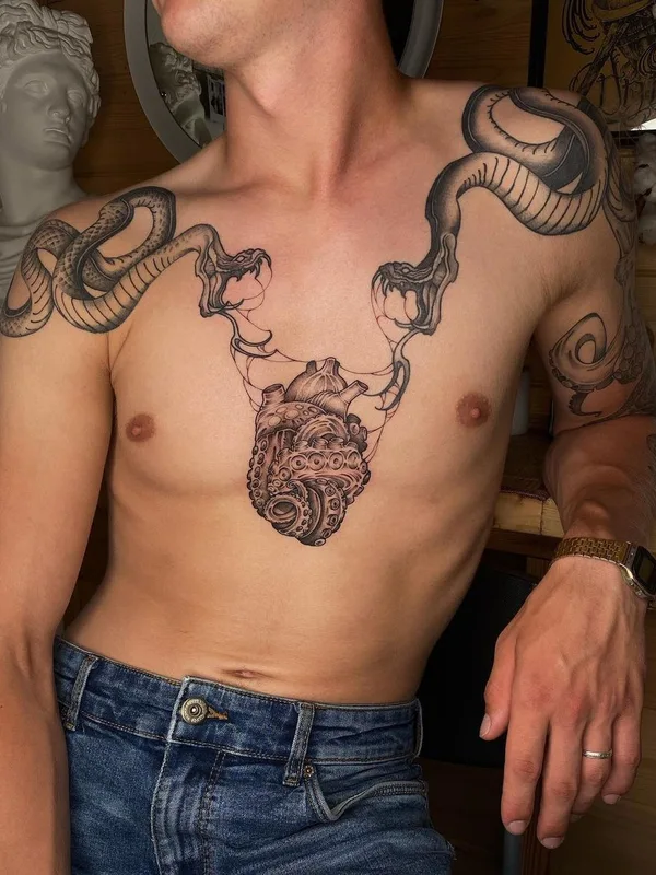 male black and grey blackwork 타투 부위 chest #48590 | 타투이스트 Мария Малевич