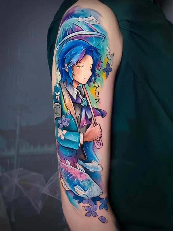 color anime tatouage sur full sleeve #48612 | Artiste tatoueur Оксана Панова