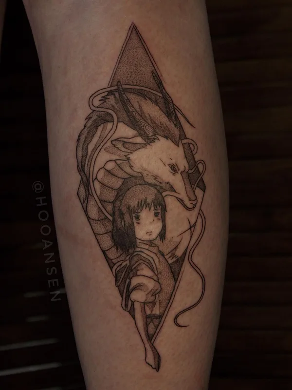 black and grey anime Tatuagem em calf #52056 | Tatuador Елизавета Хансен