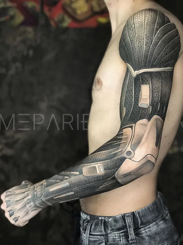 male black and grey biomechanical 타투 부위 full sleeve #52124 | 타투이스트 Заур Мепаридзе