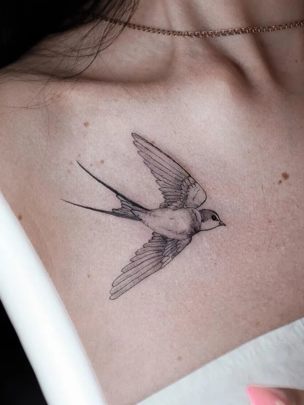 female black and grey fineline 纹身 在 collarbone #52159 | 纹身师 Алиса Ветрова