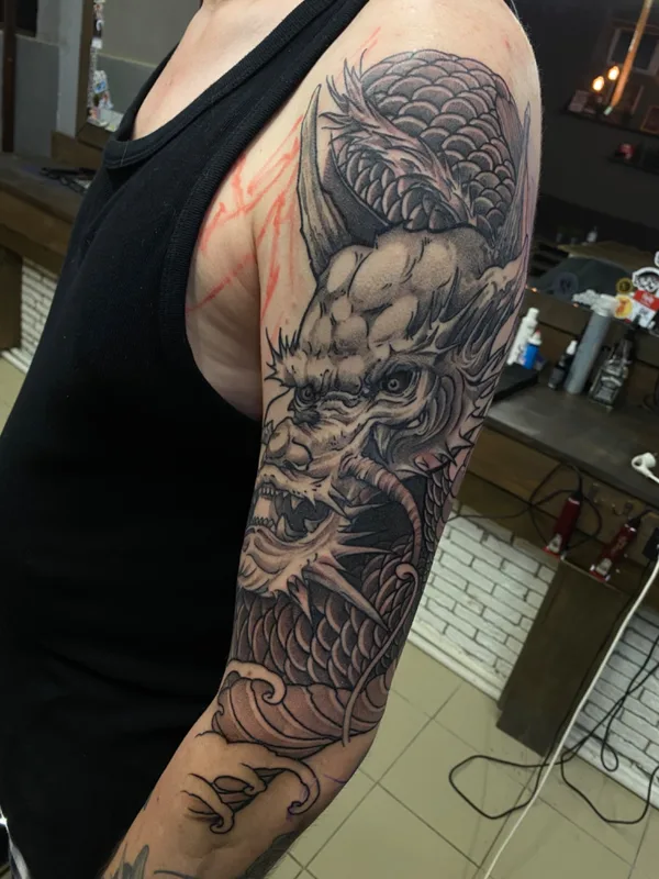 black and grey japanese tatuaje en full sleeve #65428 | Tatuador Андрей Андронов