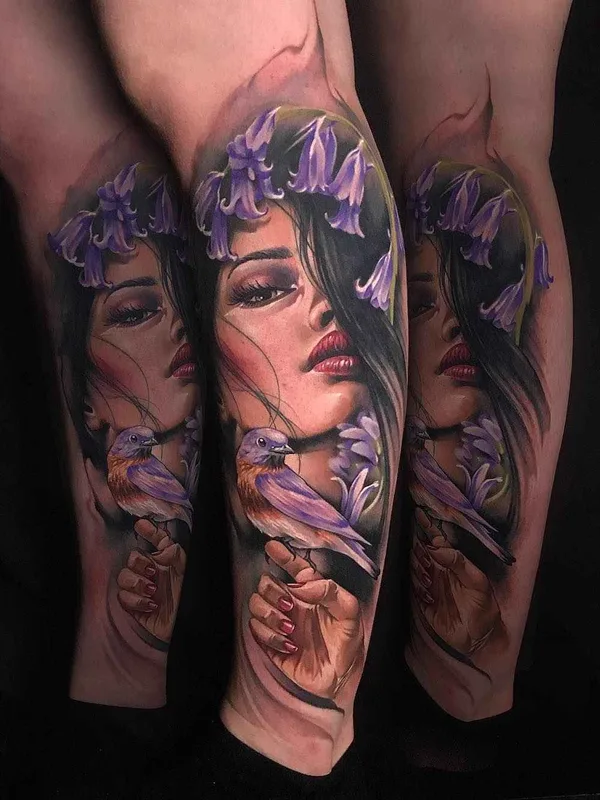 female color realism tattoo on calf #14507 | Tattoo Artist Benjamin Laukis