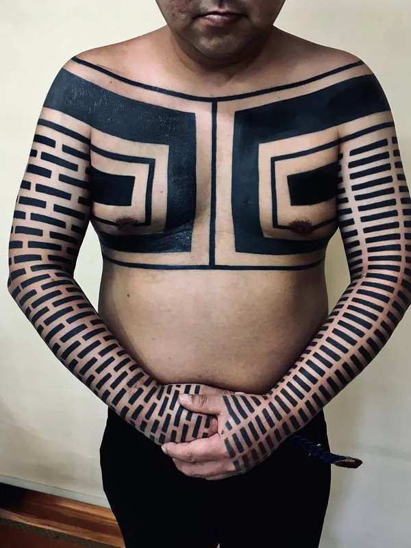 male black blackwork tattoo on chest #30615 | Tattoo Artist Taku Oshima
