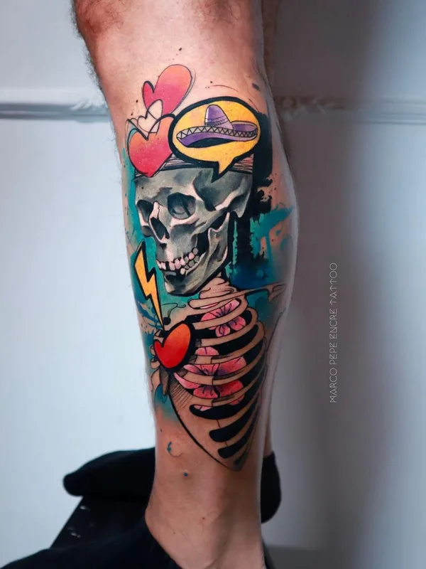 male color illustrative tattoo on calf #40395 | Tattoo Artist Marco Pepe