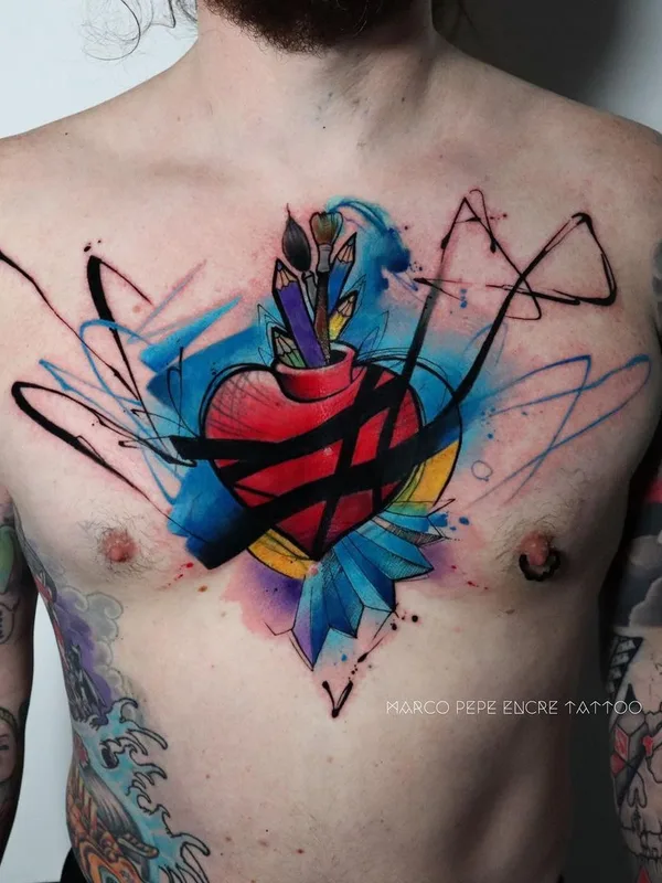 male color watercolor tattoo on chest #40398 | Tattoo Artist Marco Pepe