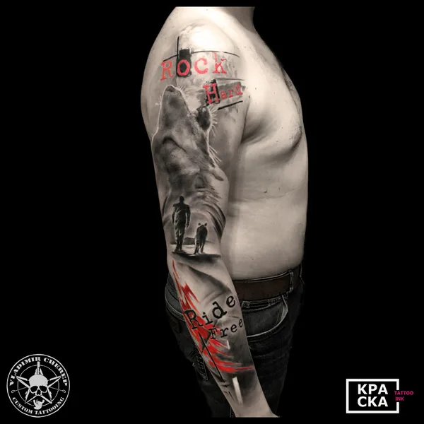 Trash Polka tattoo by Vladimir Cherep in Moscow