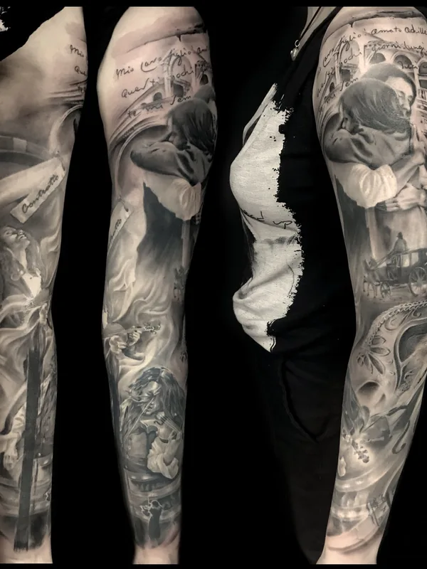 black and grey realism tattoo on full sleeve #31392 | Tattoo Artist Vladimir Cherep 