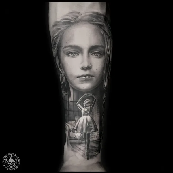 Trash Polka tattoo by Vladimir Cherep in Moscow