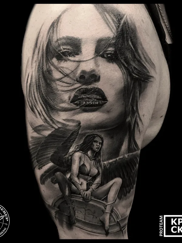 female black and grey realism tattoo on upper arm #31393 | Tattoo Artist Vladimir Cherep 