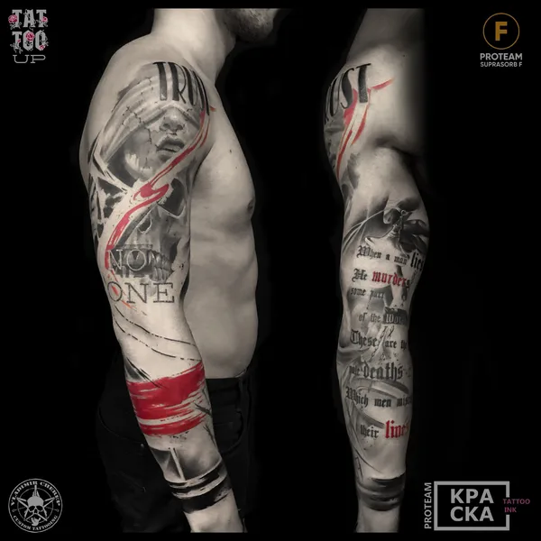 Trash Polka tattoo by Vladimir Cherep in Moscow