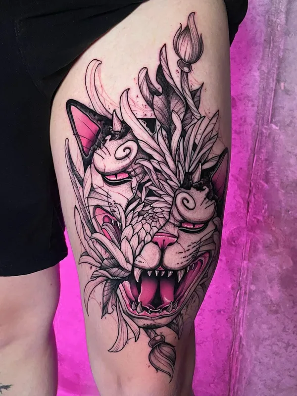 color illustrative татуировка на thigh #55625 | Тату мастер Саша Кот