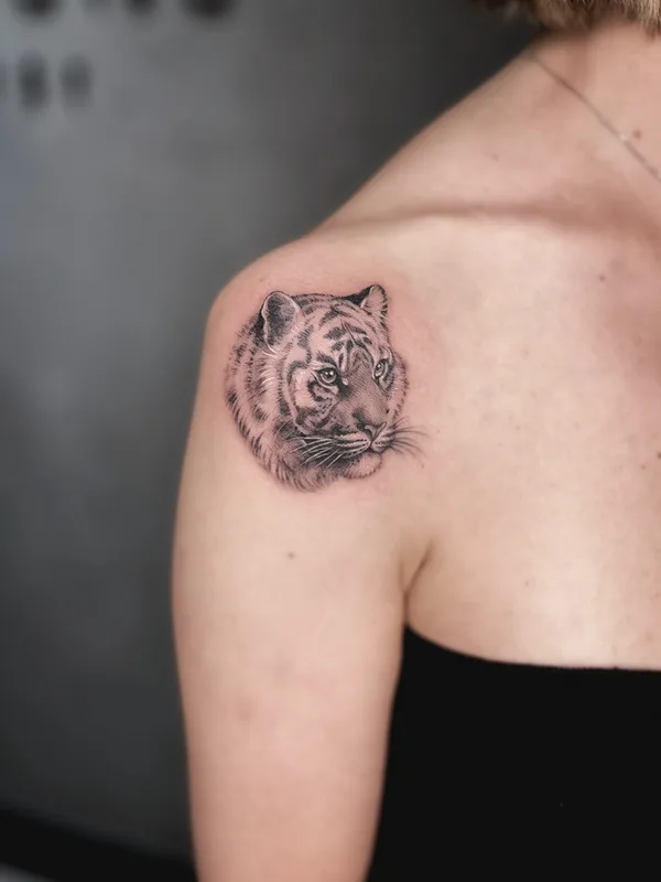 female black and grey realism татуировка на shoulder #71459 | Тату мастер Tati Ferrigno