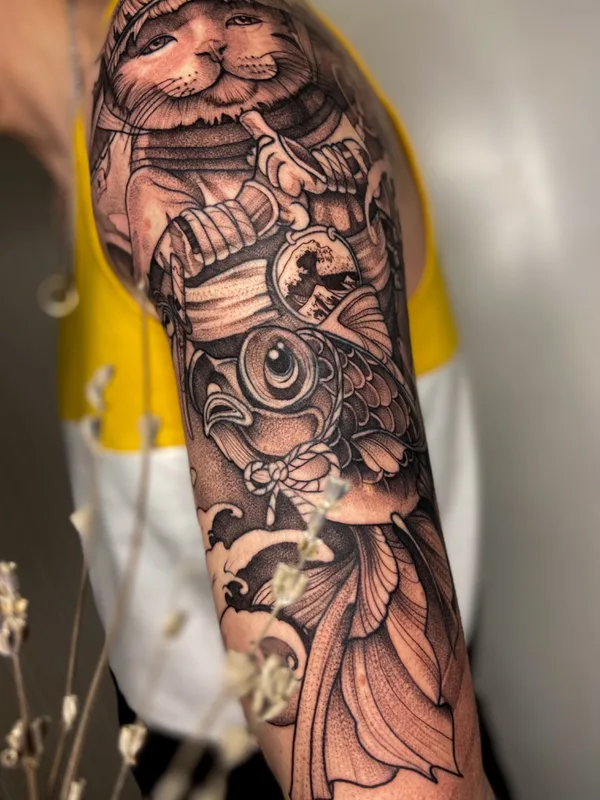 black and grey japanese tattoo auf full sleeve #57310 | Tätowierer Котова Кристина kikitatts