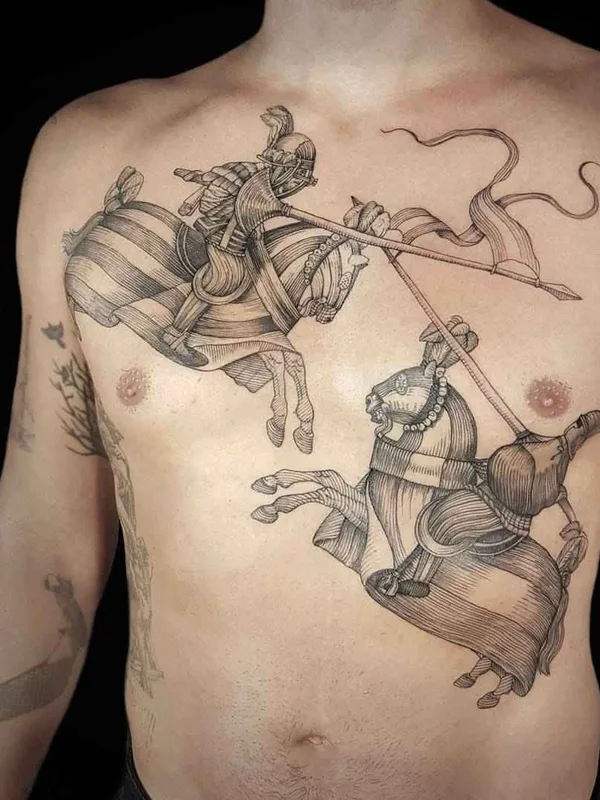 male black and grey engraving tatouage sur chest #16731 | Artiste tatoueur Marco C. Matarese