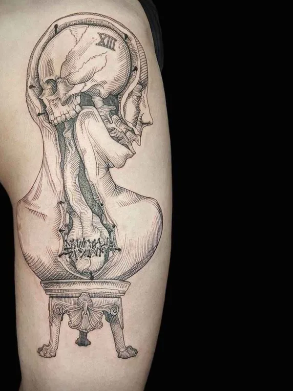 black engraving tatouage sur thigh #16733 | Artiste tatoueur Marco C. Matarese