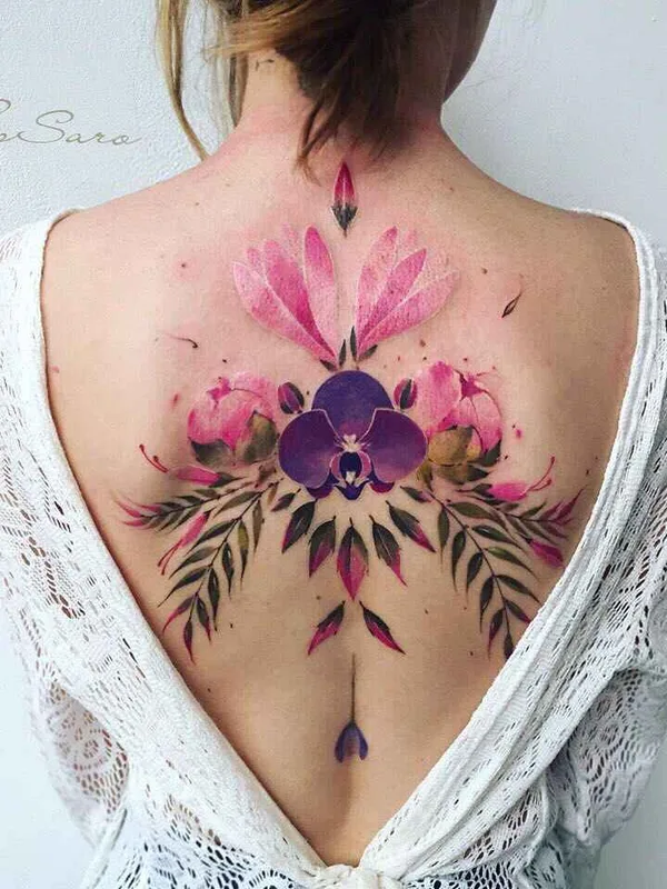 female color watercolor, botanic Tatuaggio su back #15215 | Tatuatore Pis Saro