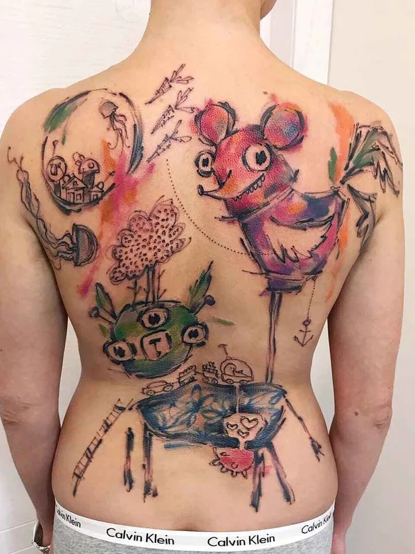 female color watercolor tattoo on full back #12817 | Tattoo Artist Алексей Платунов