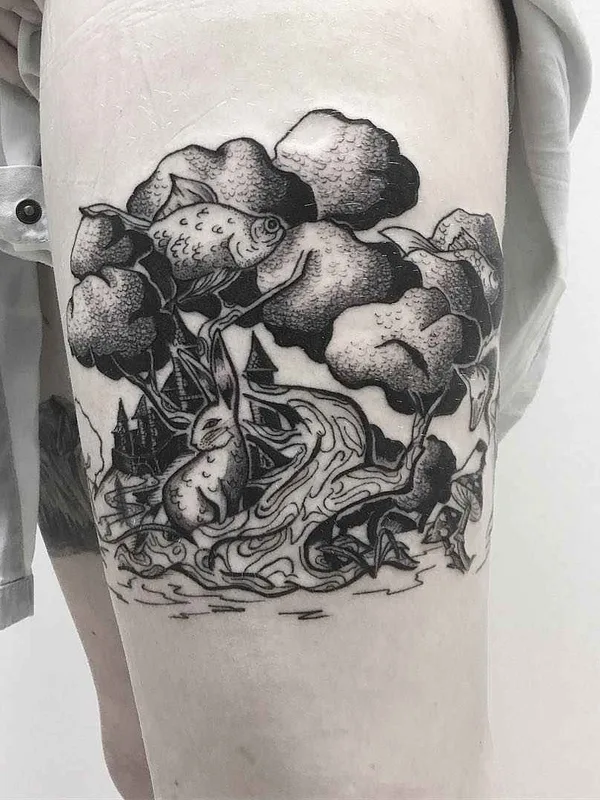 black and grey blackwork татуировка на thigh #12479 | Тату мастер Malikov Andrey