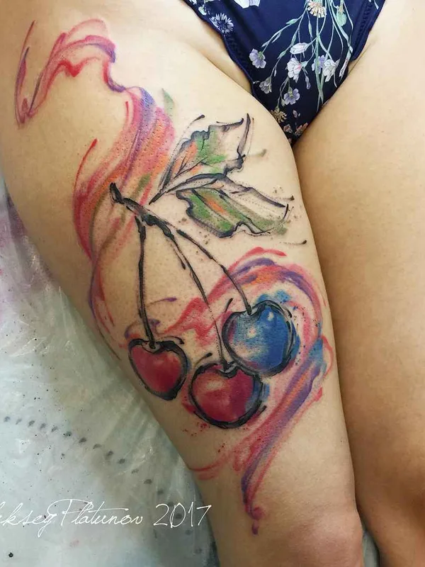 female color watercolor tattoo on thigh #12814 | Tattoo Artist Алексей Платунов