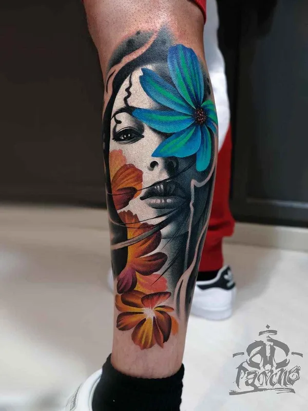 female color realism tattoo auf calf #14458 | Tätowierer A.D. Pancho