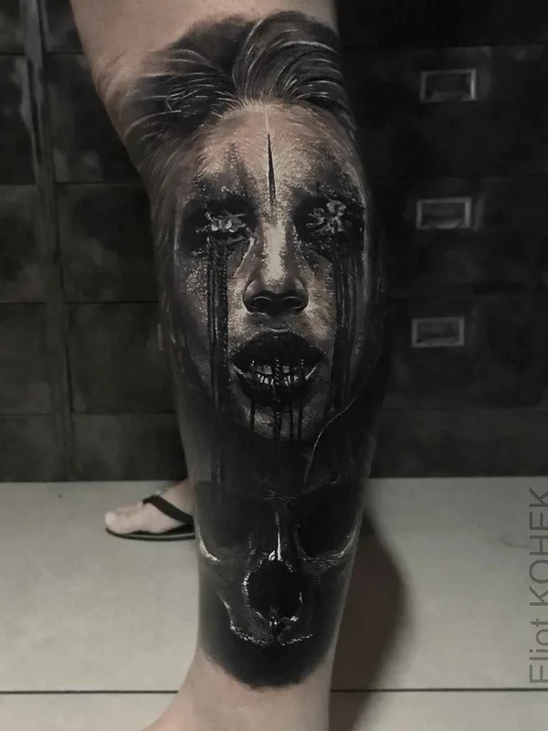 black and grey black and grey Tatuaggio su calf #16521 | Tatuatore Eliot Kohek