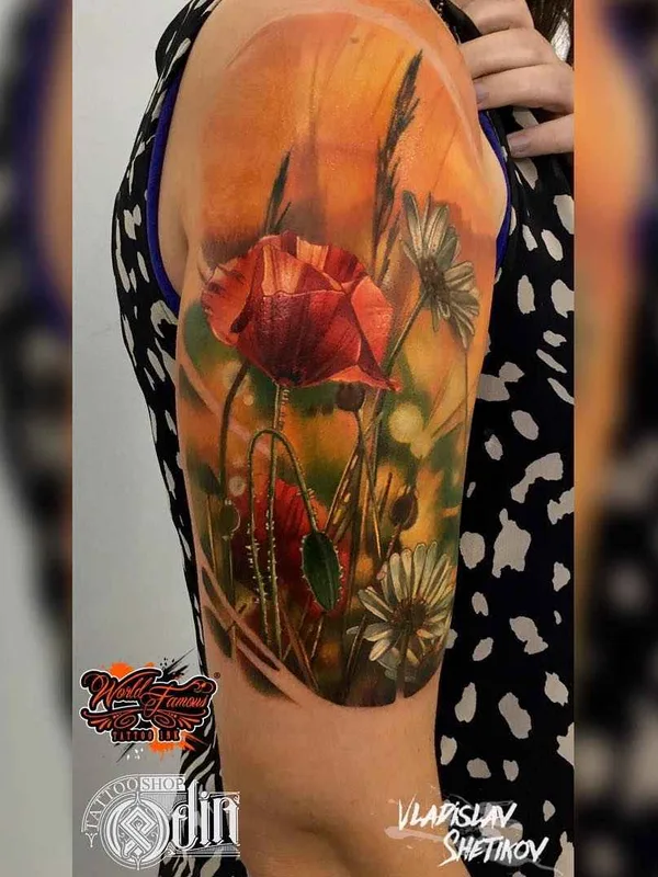 female color realism tattoo on upper arm #15780 | Tattoo Artist Vladislav Shetikov