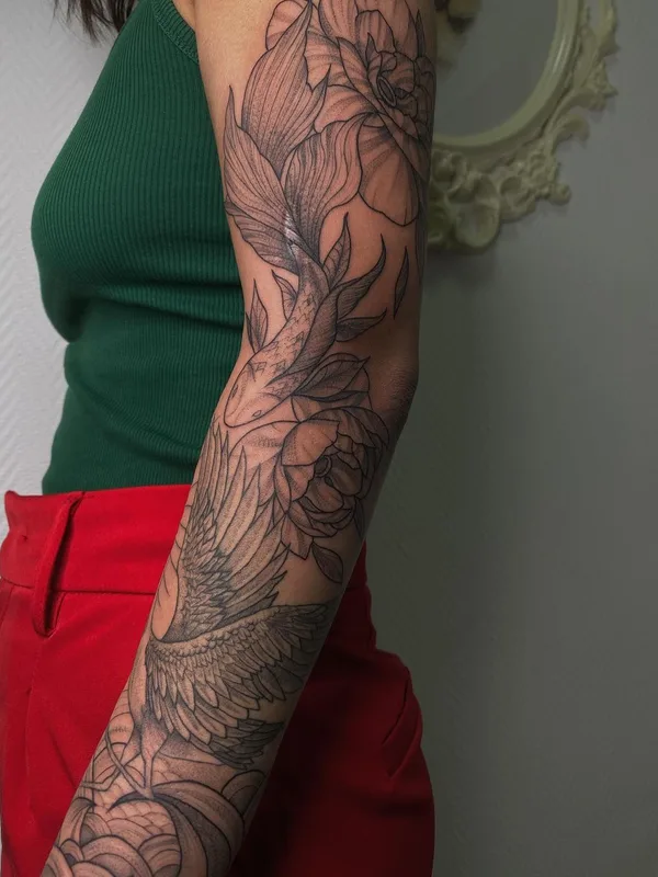 female black and grey blackwork 타투 부위 full sleeve #48916 | 타투이스트 Дора Ларина