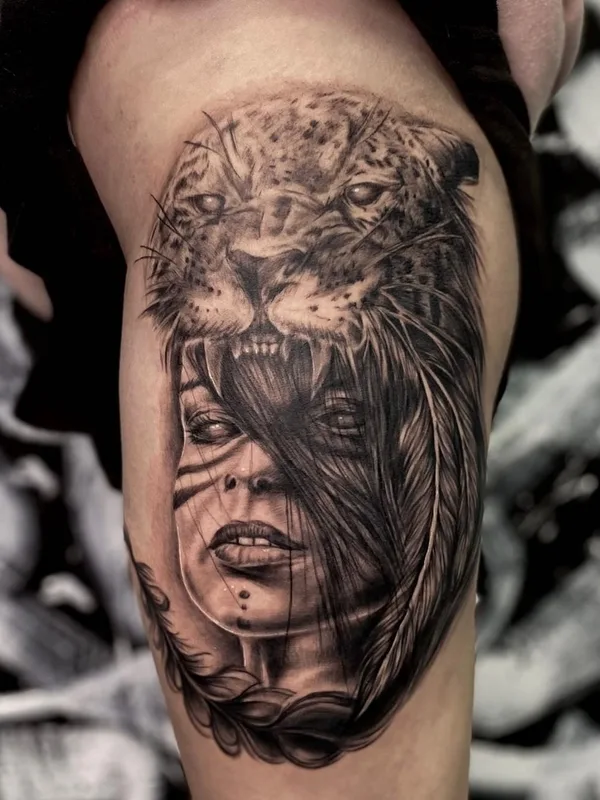 female black and grey realism Tatuaggio su thigh #52184 | Tatuatore Савелий Шустовъ