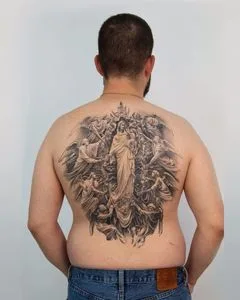 male black and grey realism tatuaje en full back #52230 | Tatuador Герасимов Сергей