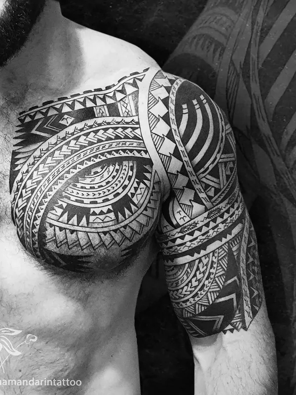 male black and grey tribal tattoo on chest #53811 | Tattoo Artist Марина Мандарин